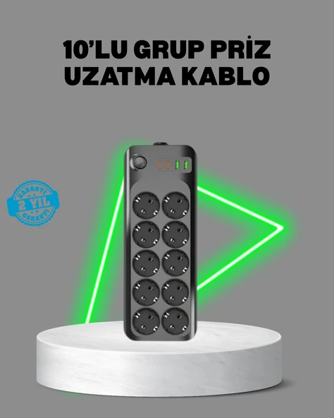 Termal Akım Korumalı 10’lu Grup Priz USB Type-C Hızlı Şarj 2500W 2m Kablo ürün görseli 1