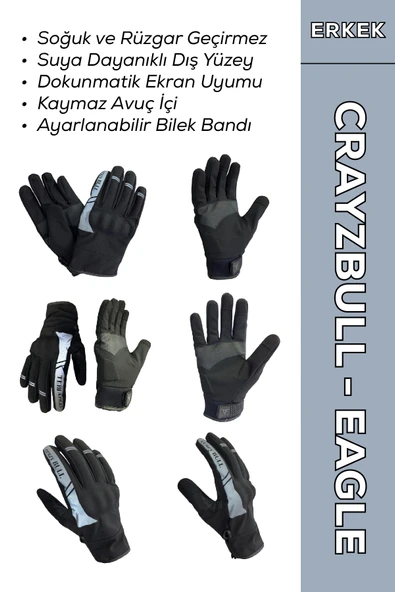Crayzbull Eagle Gri Suya ve Rüzgara Dayanıklı Kışlık Erkek Motosiklet Eldiveni + BUFF HEDİYELİ ürün görseli 1