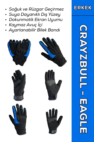 Crazybull Eagle Mavi / Suya ve Rüzgara Dayanıklı Kışlık Erkek Motosiklet Eldiveni + BUFF HEDİYELİ ürün görseli 1