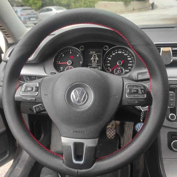 DİKİŞLİ DİREKSİYON KILIFI NOKTALI DERİ KIRMIZI DİKİŞLİ VW JETTA CADDY BU DİREKSİYONLAR ürün görseli 1