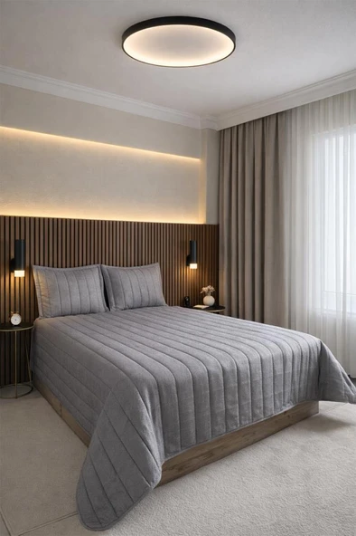 Velmira Jakarlı Kadife Elyaf Dolgulu Yatak Örtüsü 240x240 cm Gri ürün görseli 1