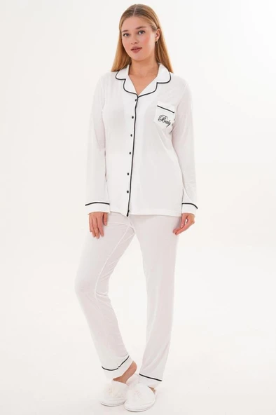 Mecit 6307 Ekru Boydan Düğmeli Kadın Pijama Takımı ürün görseli 1