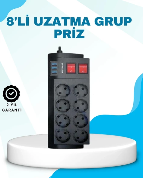 Isıya Dayanıklı Termal Akım Korumalı 8'li Priz ve 3 USB Girişli Uzatma Kablosu ürün görseli 1