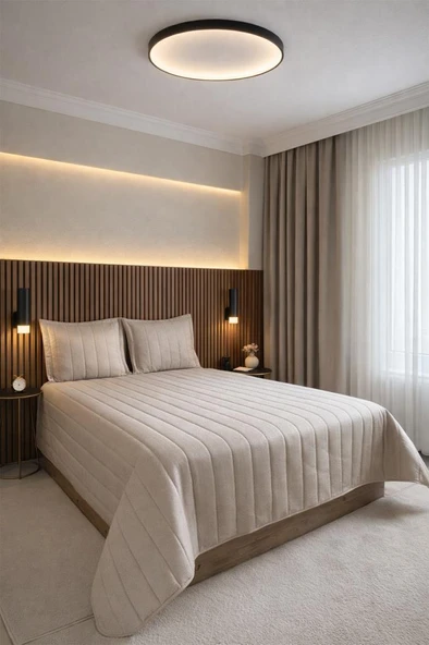 Velmira Jakarlı Kadife Elyaf Dolgulu Yatak Örtüsü 240x240 cm Bej ürün görseli 1