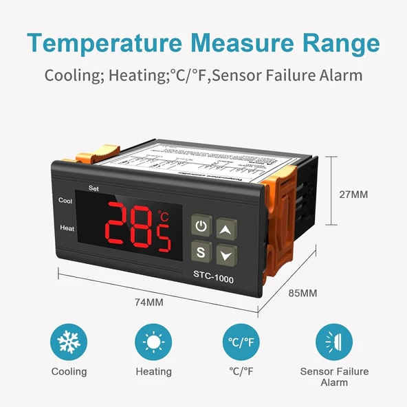 STC-1000 220V Dijital Termostat - Isıtma ve Soğutma Röleli Sıcaklık Kontrol Cihazı (+NTC Sensörlü) ürün görseli 1