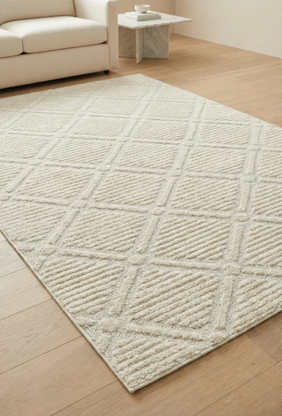 Modern Bukleli Halı Yumuşak Dokulu Halı Salon Halısı Mutfak Halısı Kesme Halı Yolluk Krem Halı 22 ürün görseli 1
