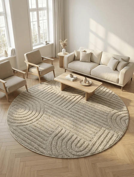 Modern Yuvarlak Halı Yumuşak Dokulu Halı Salon Halısı Mutfak Halısı Kesme Halı Yolluk Bej Halı 23 ürün görseli 1