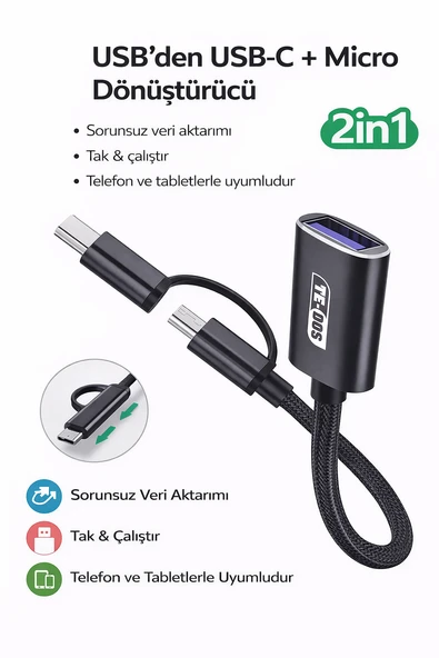 Type-C + Micro USB 2’si 1 Arada OTG Kablo  USB 3.0 Tak & Çalıştır ürün görseli 1