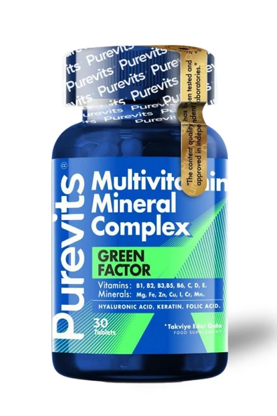 Purevits Green Factor Multivitamin Mineral Complex & Keratin & Hyaluronik Asit & Folik Asit  30 Adet ürün görseli 1