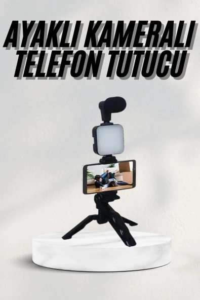 Telefon Tutucu Led Işıklı Kumandalı Mikrofon Telefon Vlog Video Kayıt ürün görseli 1