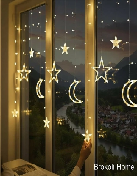 3 Metre Ay Yıldız Led Saçaklı Hilal Led  Ramazan Ayı Led Işık Zinciri Günışığı Fişli 8 Fonksiyonlu ürün görseli 1