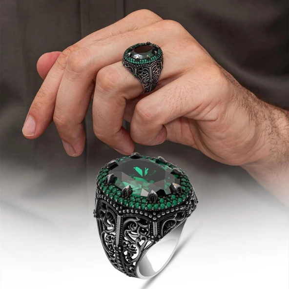 Yeşil Zirkon Taşlı Oval 925 Gümüş Yüzük Erkek ürün görseli 1