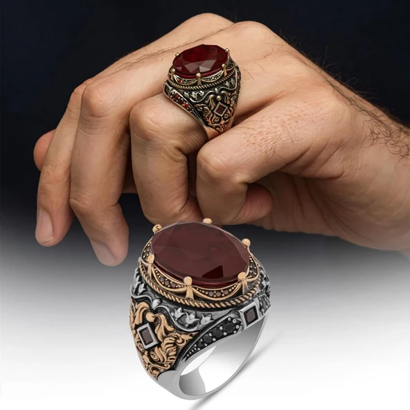 Oval Kırmızı Paraiba Taşlı 925 Gümüş Erkek Yüzük ürün görseli 1