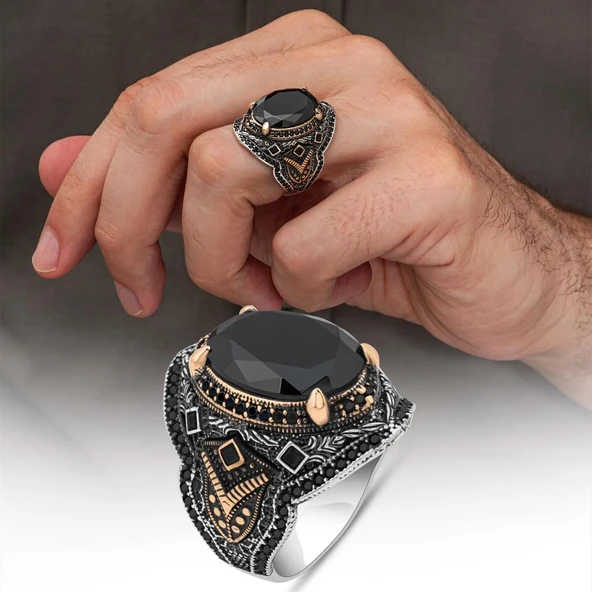 Oval Siyah Taşlı Zirkon 925 Gümüş Yüzük Erkek ürün görseli 1