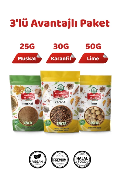 3'lü Gurme Baharat Seti Kurutulmuş Limon (Lime) 50g Muskat 25g Tane Karanfil 30g ürün görseli 1