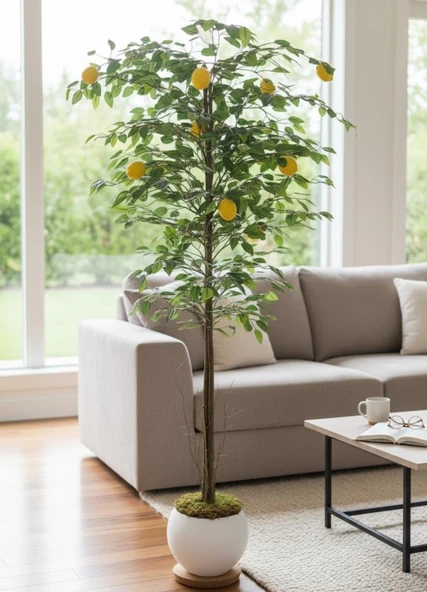 Yapay Limon Ağacı 160cm 10 Limonlu Doğal Görünümlü Beyaz Küre Plastik Saksılı Yapay Ağaç ürün görseli 1