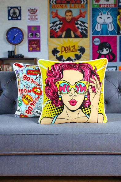 Kırlent Kılıfı 2'li Pop Art ve Figür Desenli 45x45 Raşel Örme Kadife Çift Taraflı Dijital Baskı Beyaz Biyeli ürün görseli 1
