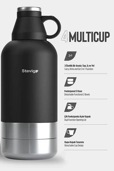 STEVIG 4 MULTI-CUP ÇELİK TERMOS 1.9 LT. BLACK ST-212 - Resim 2
