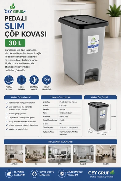 Cey Grup Pedallı Slim Gri Çöp Kovası 30 L ürün görseli 1