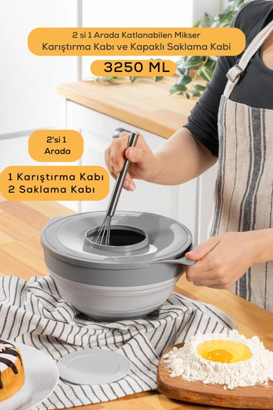 Katlanabilir Silikon Gri Mikser Karıştırma Çırpma Saklama Kabı 3,25 LT MIT1285 ürün görseli 1
