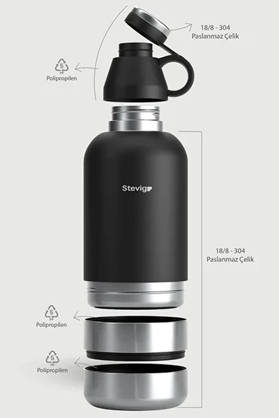 STEVIG 4 MULTI-CUP ÇELİK TERMOS 1.9 LT. BLACK ST-212 - Resim 7