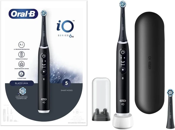 Oral-B iO 6N elektrikli diş fırçası, siyah, Bluetooth, 2 fırça, 1 seyahat çantası ürün görseli 1