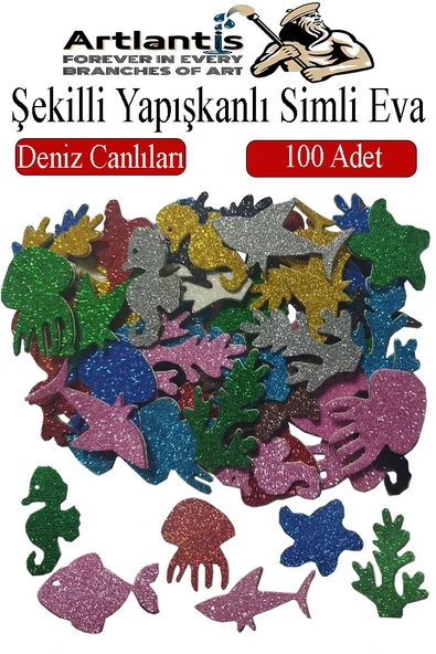 Şekilli Simli Eva Yapışkanlı Deniz Canlıları 100 lü 1 Paket Kendinden Yapışkanlı Simli Eva Sticker Okul Öncesi Kreş Ana ürün görseli 1