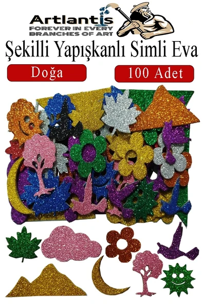 Şekilli Simli Eva Yapışkanlı Doğa 100 lü 1 Paket Kendinden Yapışkanlı Simli Eva Sticker Okul Öncesi Kreş Ana ürün görseli 1