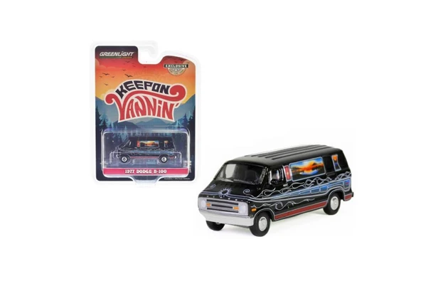 Greenlight Hobby Exclusive Series 1977 Dodge B-100 Van Keep On Vannin Siyah 1/64 Model Araba ürün görseli 1
