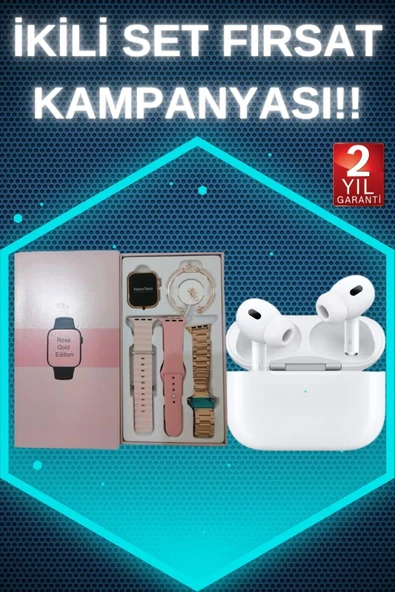 3 Kordonlu Pembe Amoled Ekran Akıllı Saat ve Yeni Nesil Pro Kablosuz Bluetooth Kulaklık ANC/ENC ürün görseli 1