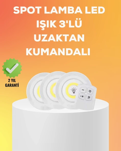 Çok Amaçlı Kullanım İçin Kablosuz Yapışkanlı 3 Lü Uzaktan Kumandalı Led Spot Lamba ürün görseli 1