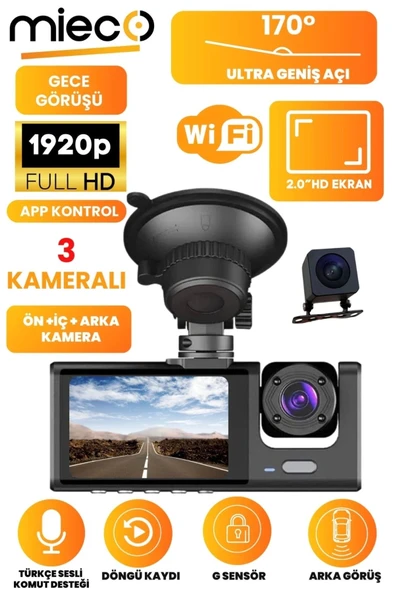 1s Wifi / App /1920p Fhd/ 170° Ultra Geniş Açı/gece Görüş/ G-sensörü 3 Kameralı Araç Kamerası(2025) ürün görseli 1