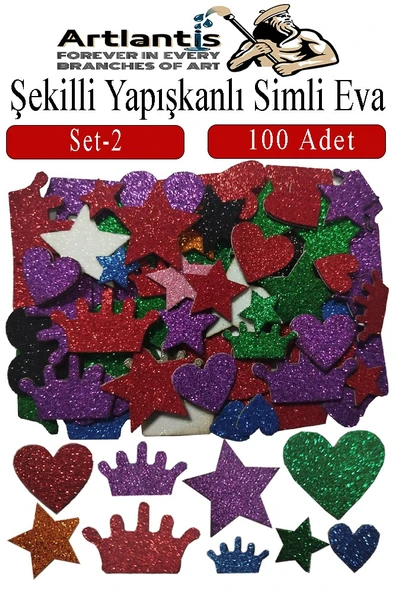 Şekilli Simli Eva Yapışkanlı Set 2 100 lü 1 Paket Kendinden Yapışkanlı Simli Eva Sticker Okul Öncesi Kreş Ana ürün görseli 1