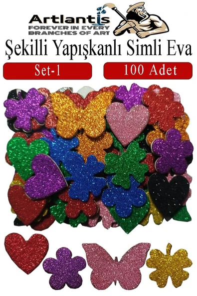 Şekilli Simli Eva Yapışkanlı Set 1 100 lü 1 Paket Kendinden Yapışkanlı Simli Eva Sticker Okul Öncesi Kreş Ana ürün görseli 1