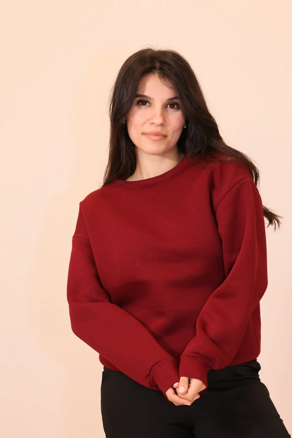 LaSunza 3 İplik Şardonlu Kaliteli Bisiklet Yaka Bordo Sweatshirt ürün görseli 1
