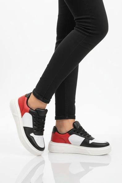 Beyaz Siyah Kırmızı Bağcıklı Unisex Sneaker ürün görseli 1