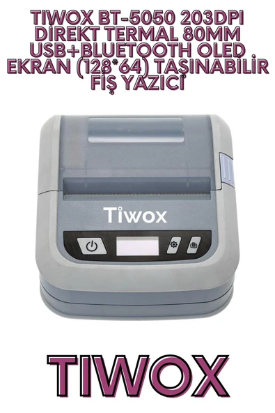 TIWOX BT-5050 203DPI DİREKT TERMAL 80MM USB+BLUETOOTH OLED EKRAN (128*64) TAŞINABİLİR FİŞ YAZICI ürün görseli 1