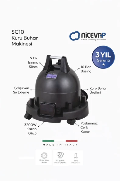 NİCEVAP PLUTONİA SC10 KURU BUHAR ÜRETEBİLEN 10 BAR DİJİTAL BUHARLI TEMİZLEYİCİ ÇALIŞIRKEN SU EKLENEBİLİR ürün görseli 1