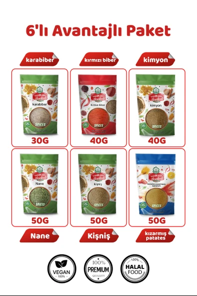 6’lı Avantajlı Gurme Baharat Seti Karabiber30, Pul Biber40, Kimyon40, Nane50, Kişniş50,Kızarmış Patates Baharat50 gr ürün görseli 1