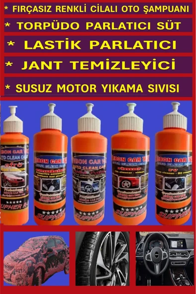 FIRÇASIZ CİLALI ŞAMPUANI+TORPİDO SÜTÜ+LASTİK PARLATICI+JANT TEMİZLEYİCİ+SUSUZ MOTOR YIKAMA (5 liSET) ürün görseli 1
