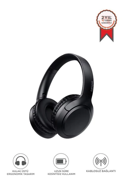 Bluetooth Kulaklık Kulak Üstü Kablosuz Kulaklık Lenovo TH53 Siyah ürün görseli 1