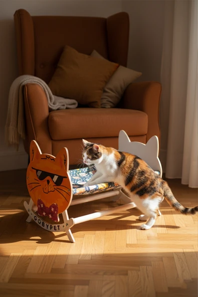 Sevimli Turunculu Kedi Tasarımlı Sallanan Kedi Beşiği ürün görseli 1