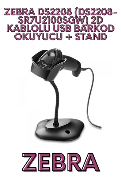 ZEBRA DS2208 (DS2208-SR7U2100SGW) 2D KAREKOD KABLOLU USB BARKOD OKUYUCU + STAND ürün görseli 1