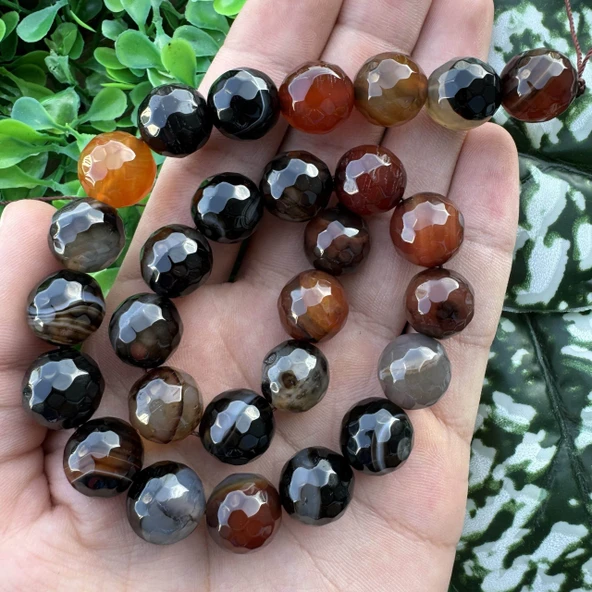 Fasetli Küre Siyah-Kahve Akik Taşı 14MM ürün görseli 1