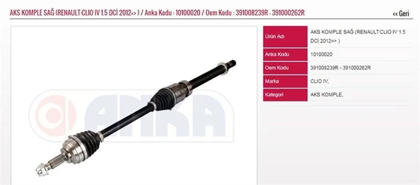 ON AKS KOMPLE SAĞ CLIO IV 1,5DCI K9K (DIS FREZE:23-IC FREZE:26-UZUNLUK:910MM) ürün görseli 1