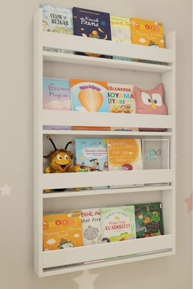 Sanal Mobilya Montessori Çocuk Kitaplığı 4 Raflı Duvar Tipi Beyaz Kitaplık - Eğitici Tasarım ürün görseli 1