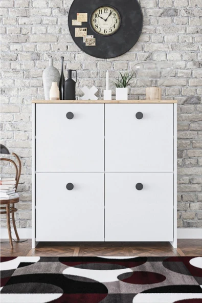 KZY 4 Kapaklı 4 Raflı Modern Dekoratif Dolap Beyaz Meşe ürün görseli 1