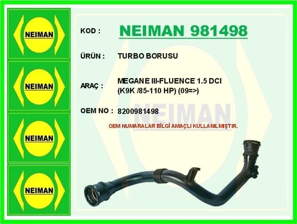 TURBO BORUSU   MEGANE III-FLUENCE 1.5 DCI ( K9K /85-110 HP) (09=>) ürün görseli 1