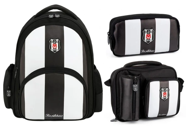 Beşiktaş Siyah Beyaz Çizgi Desenli Okul Çanta Seti - SETME25356A ürün görseli 1