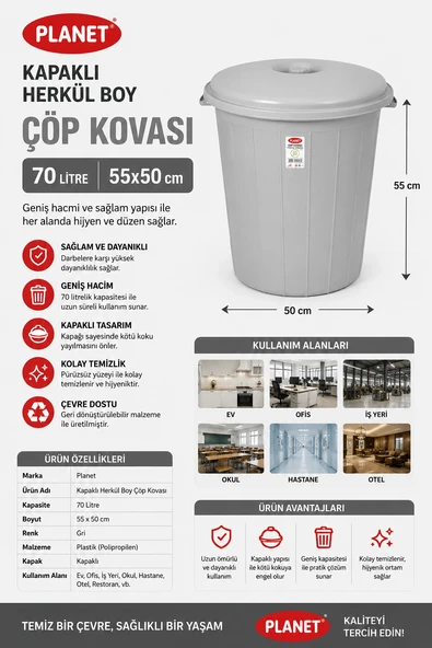 Planet Kapaklı Herkül Boy Gri Çöp Kovası 70 L 55x50 cm ürün görseli 1